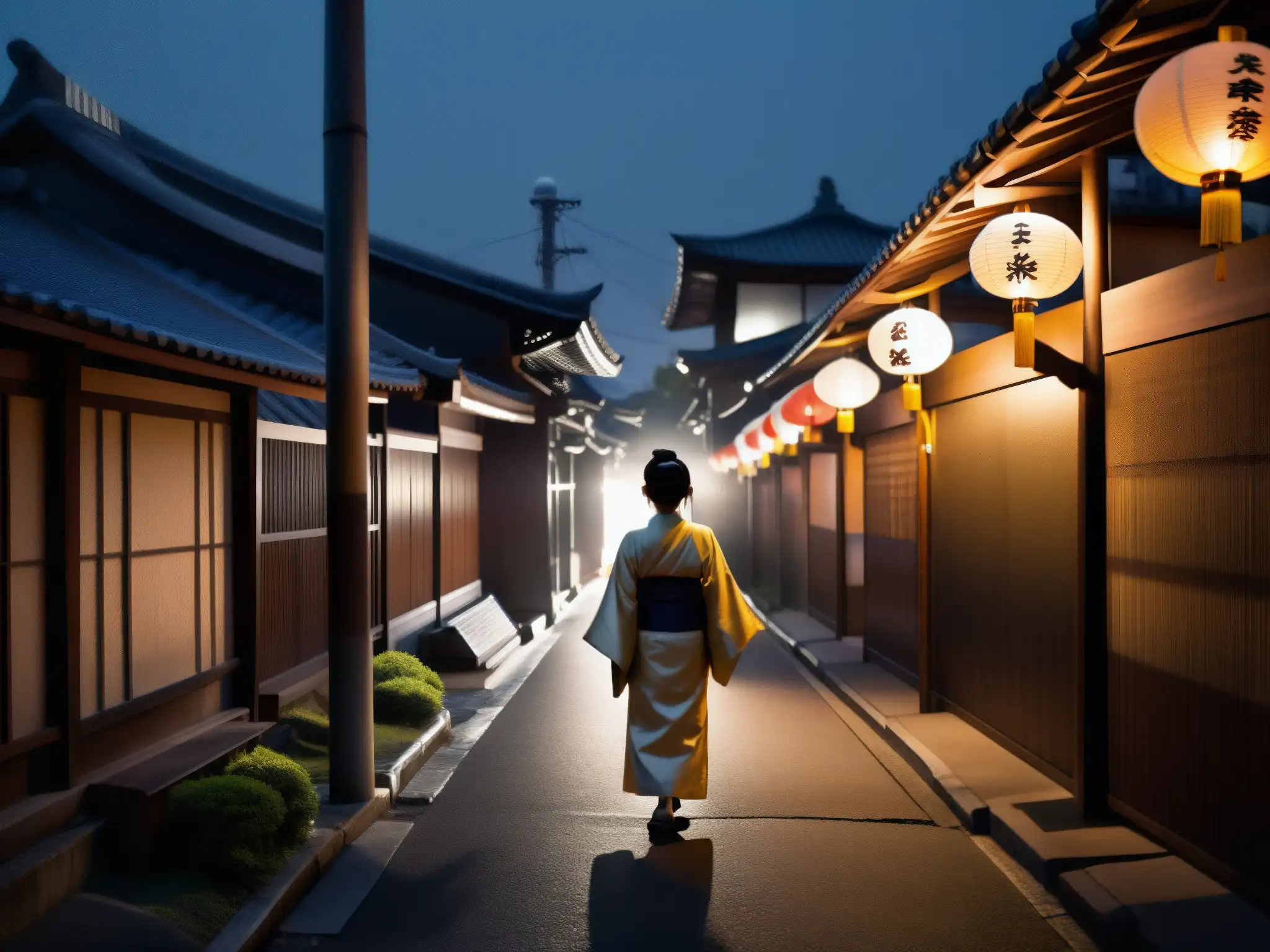 Un oscuro y misterioso callejón de una ciudad japonesa con faroles de papel, proyectando una luz sobrenatural