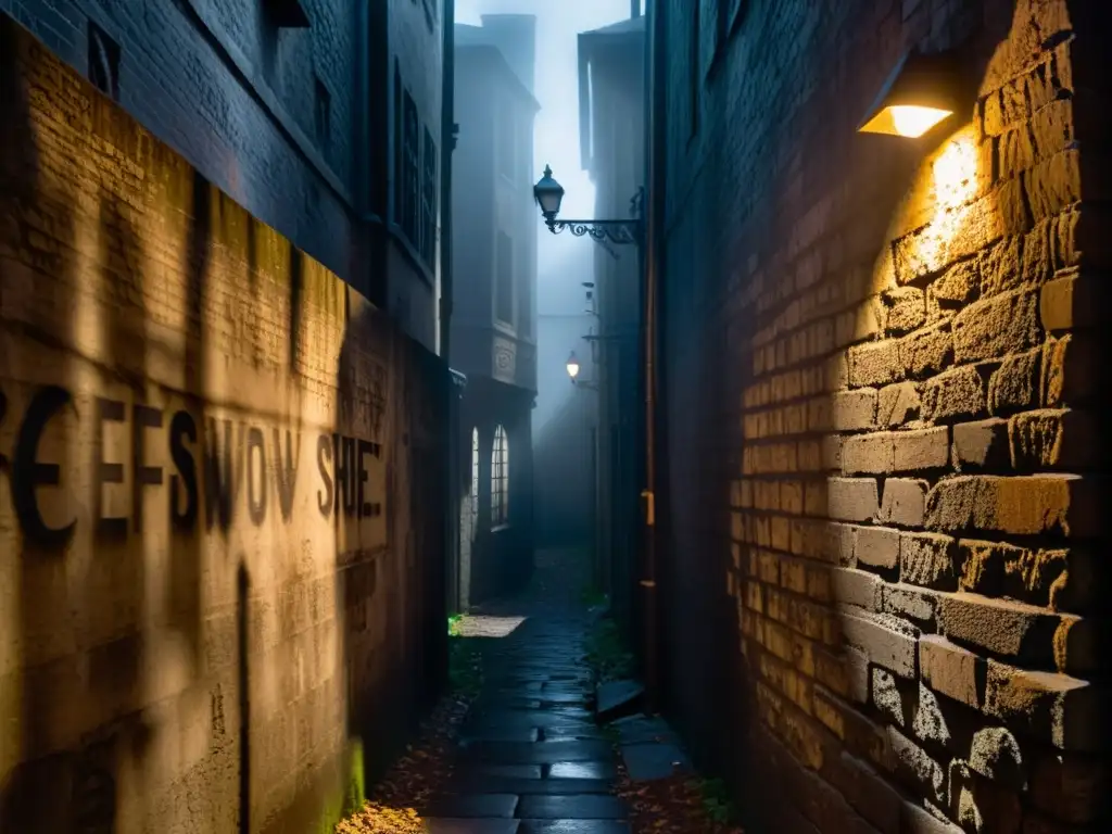Un oscuro y ominoso callejón con paredes cubiertas de grafitis, una solitaria farola parpadeante proyecta sombras dramáticas