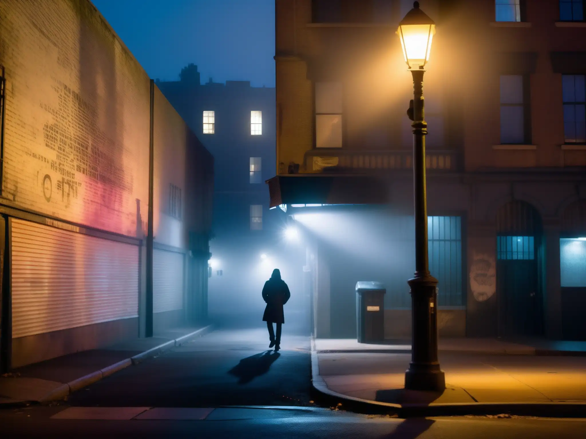 Un oscuro rincón de la calle en la niebla, con una figura sombría acechando