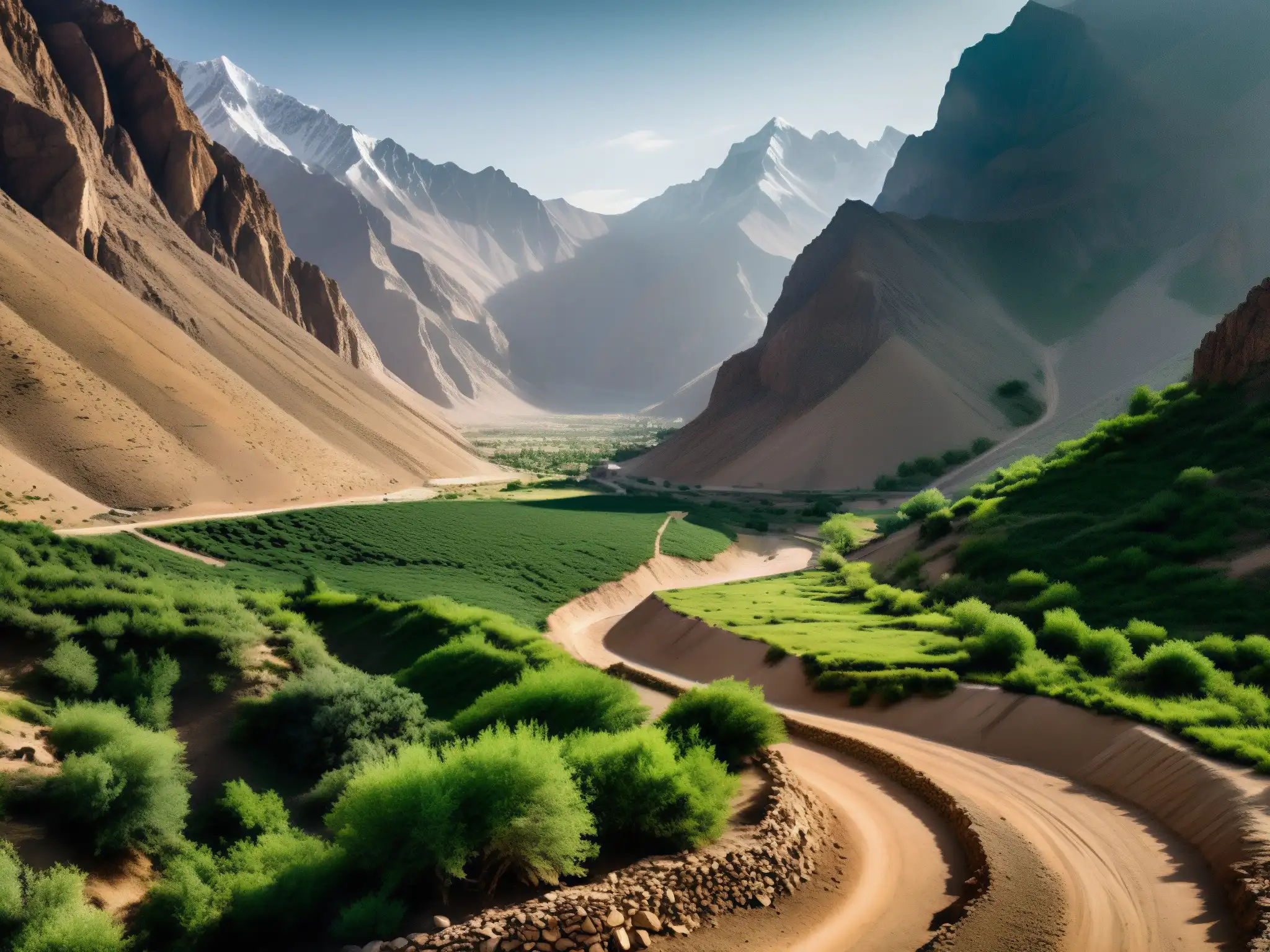 Un oscuro túnel antiguo rodeado de sombras en el desolado y misterioso terreno montañoso de Pakistán
