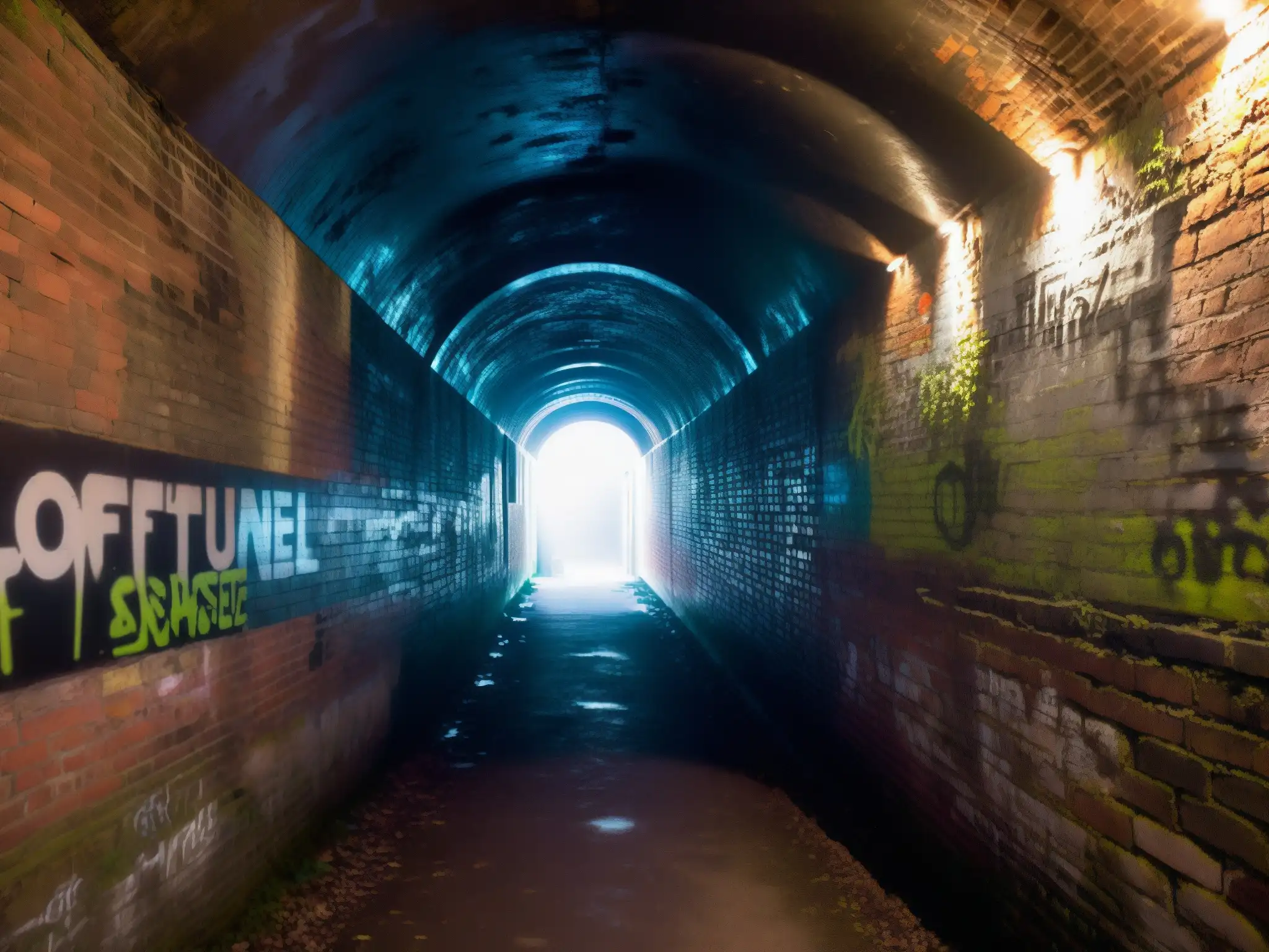 Un oscuro túnel estrecho con paredes de ladrillo cubiertas de grafiti