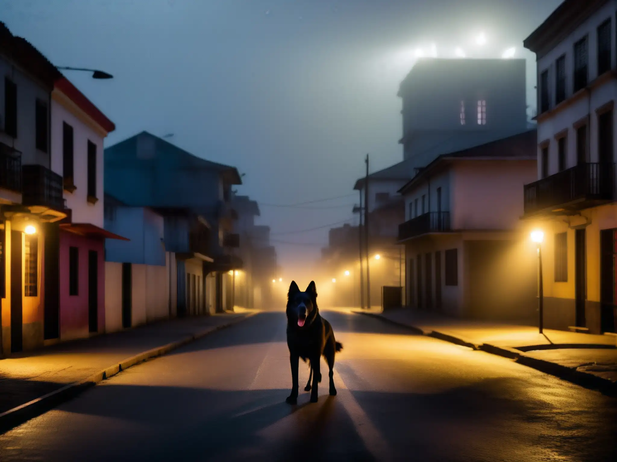 Un oscuro vecindario urbano de América del Sur con apariciones nocturnas de un perro negro, en medio de la niebla