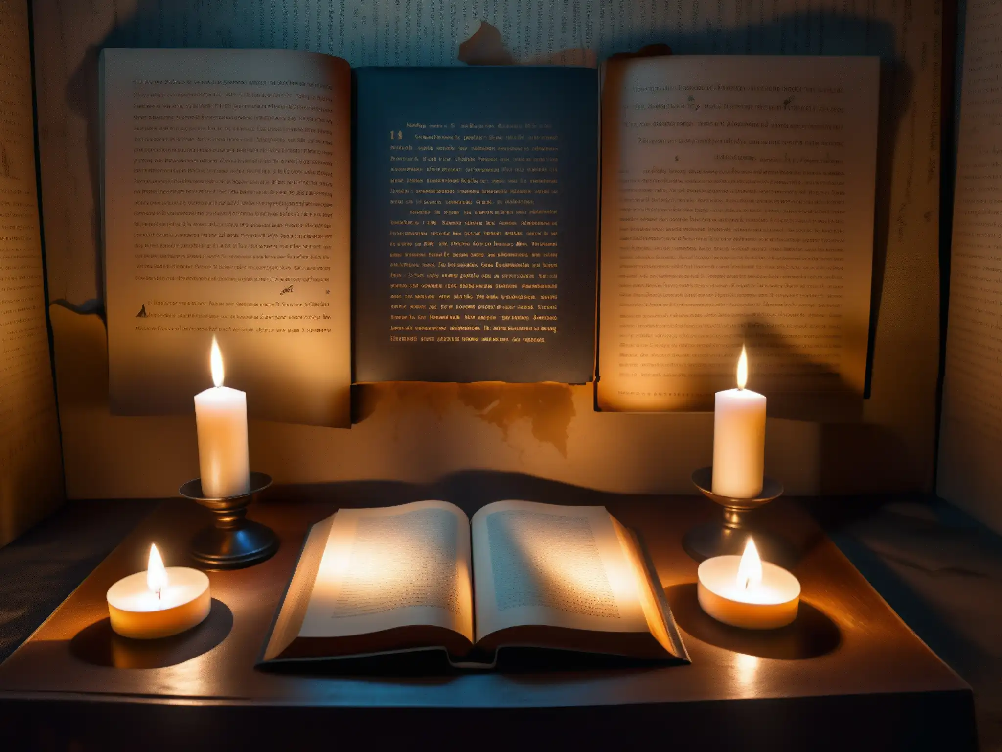 Un oscuro rincón con velas titilantes y un altar improvisado con símbolos crípticos y velas medio quemadas