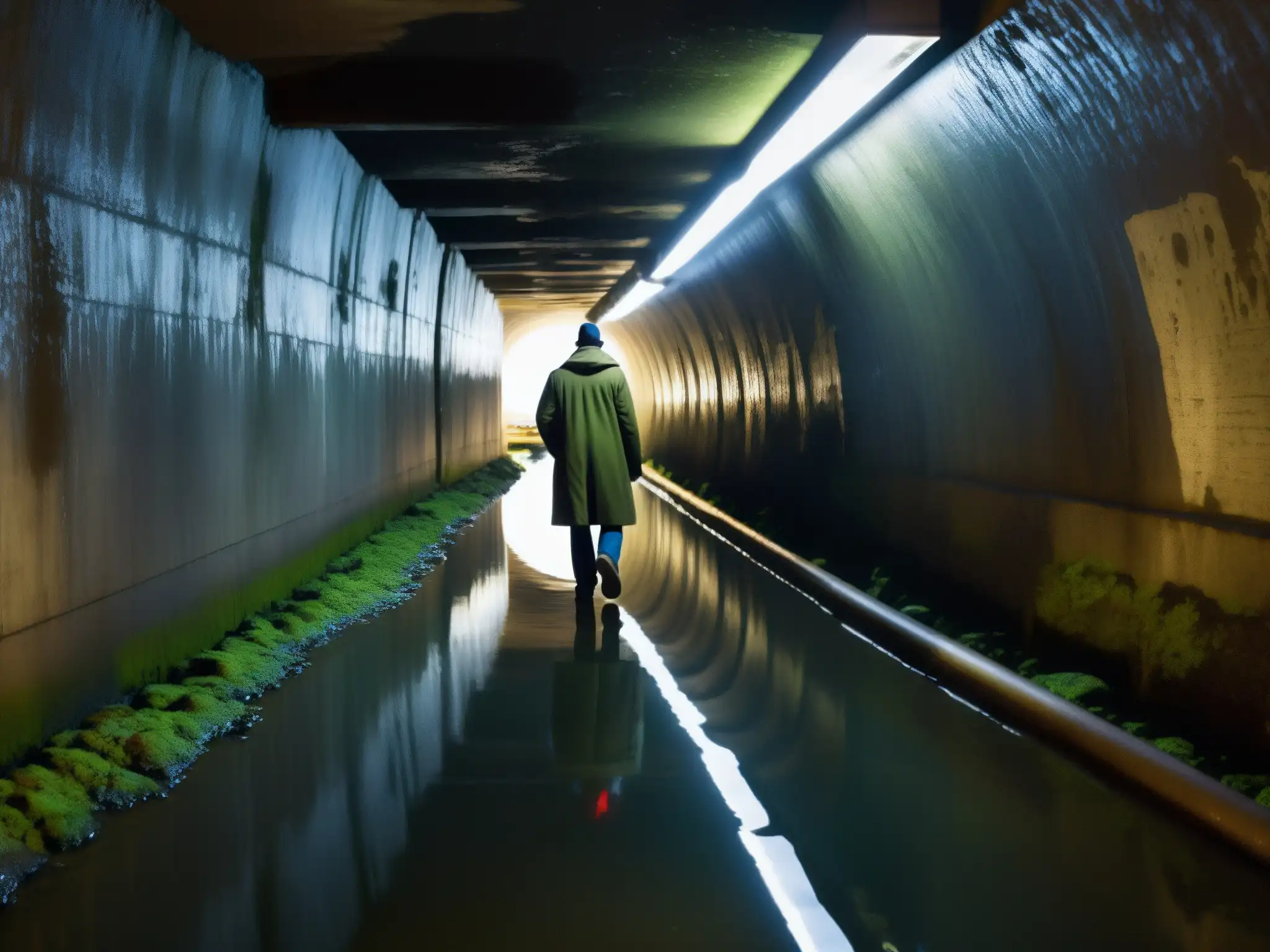 Explora los oscuros túneles del sistema de alcantarillado de Nueva York, con paredes cubiertas de musgo y agua turbia