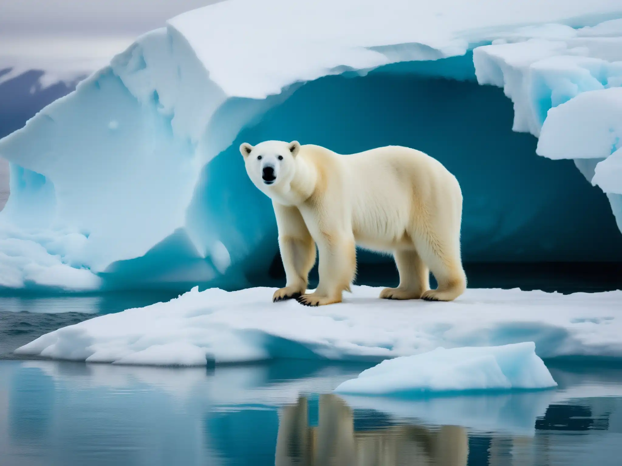 Un oso polar desesperado busca tierra firme en un iceberg derritiéndose, reflejando la crisis ambiental por el calentamiento global