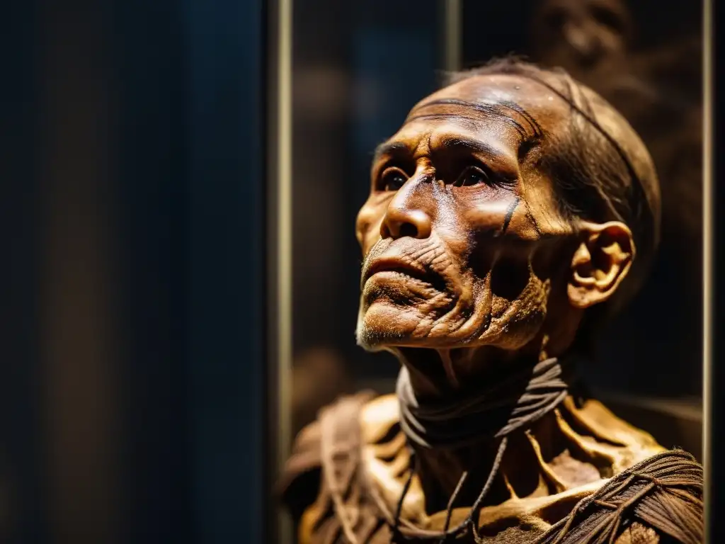 Maldición de Otzi hombre hielo: Closeup de la momia en un ambiente documental, con iluminación tenue que resalta sus detalles y tatuajes antiguos