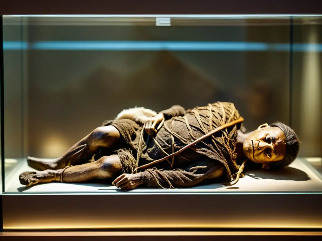 Maldición de Otzi hombre hielo: Detallada imagen documental de la momia en su estuche de vidrio, destacando su piel y objetos encontrados