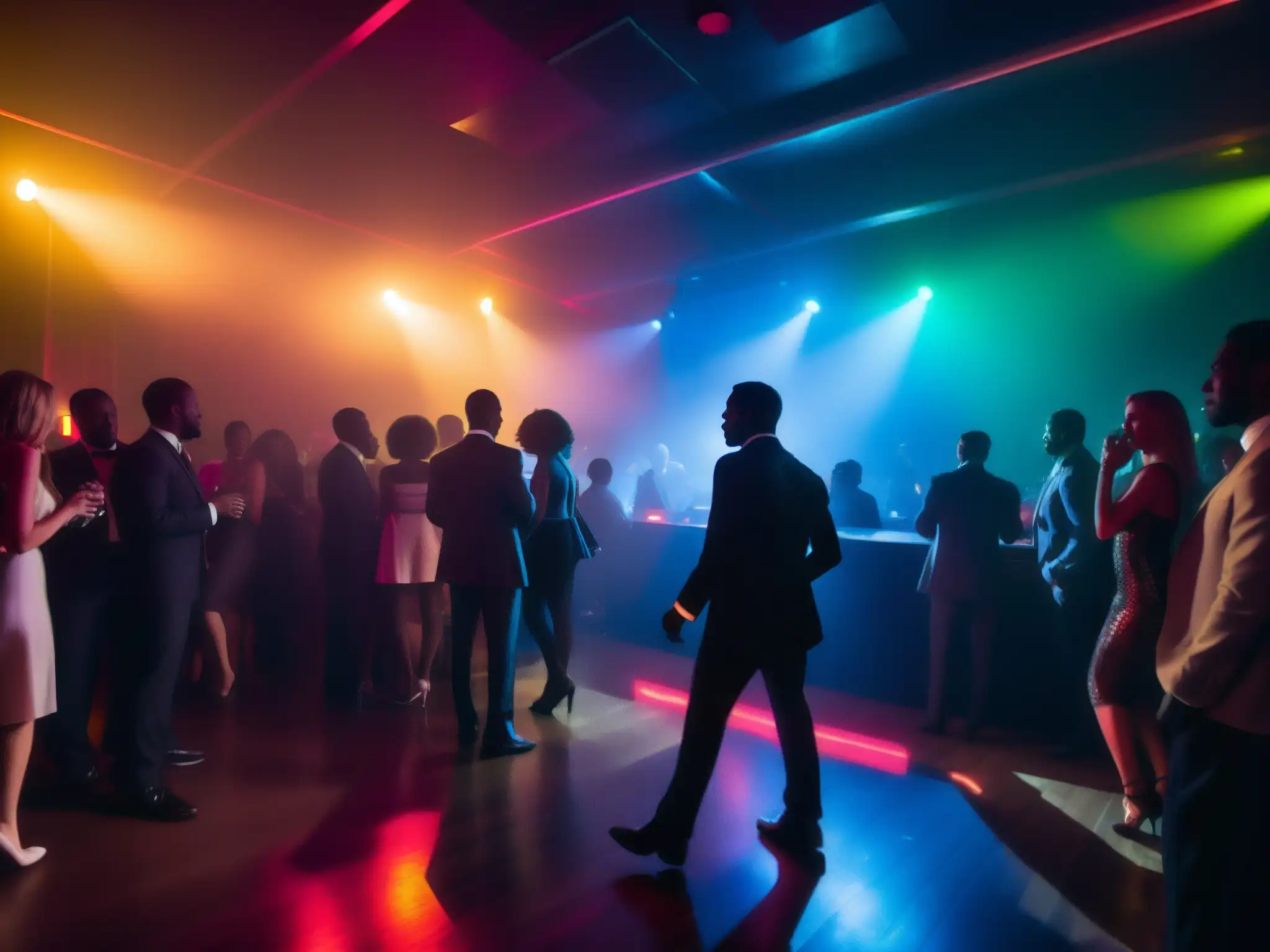 Pactos con el diablo vida nocturna: Club nocturno con luces neón, figuras bailando en la penumbra y una misteriosa negociación en la esquina