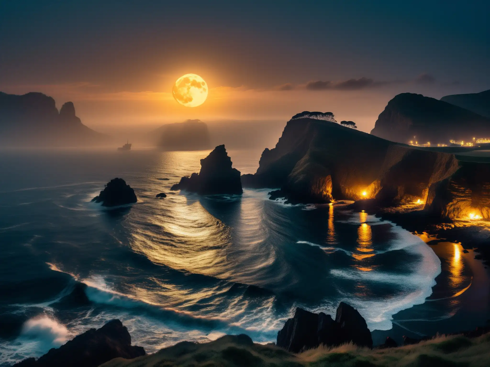 Un paisaje costero iluminado por la luna, con antiguos barcos desvaneciéndose en la neblina