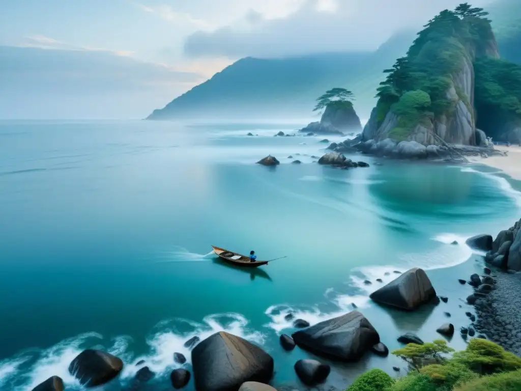 Un paisaje costero japonés misterioso con mujeres etéreas y barcos tradicionales