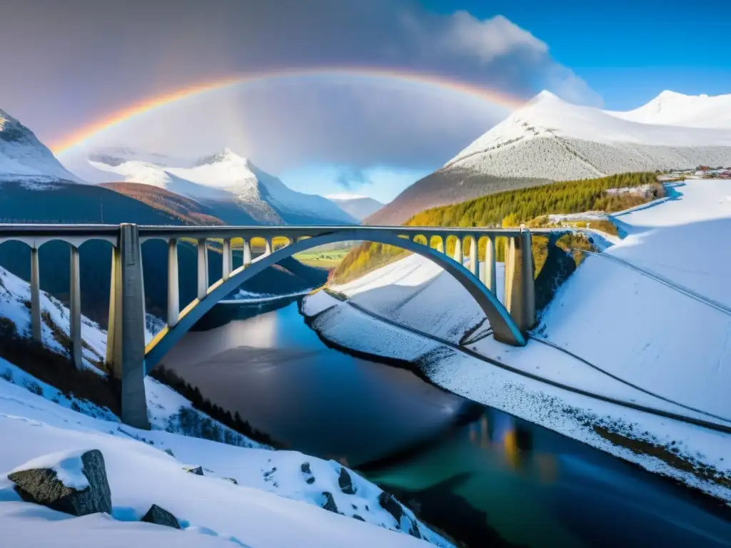 Un paisaje de montaña cubierto de nieve con un arco iris vibrante y el puente Bifröst