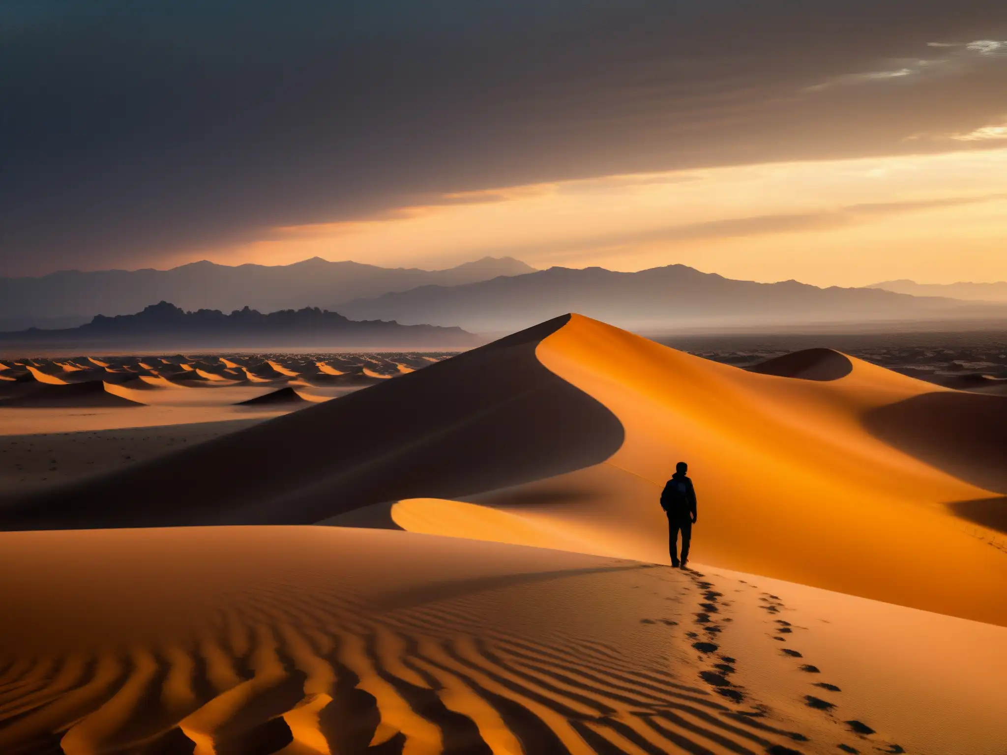 Un paisaje desértico inmenso con una figura solitaria en una duna, observando el horizonte bañado por la cálida luz dorada del sol poniente