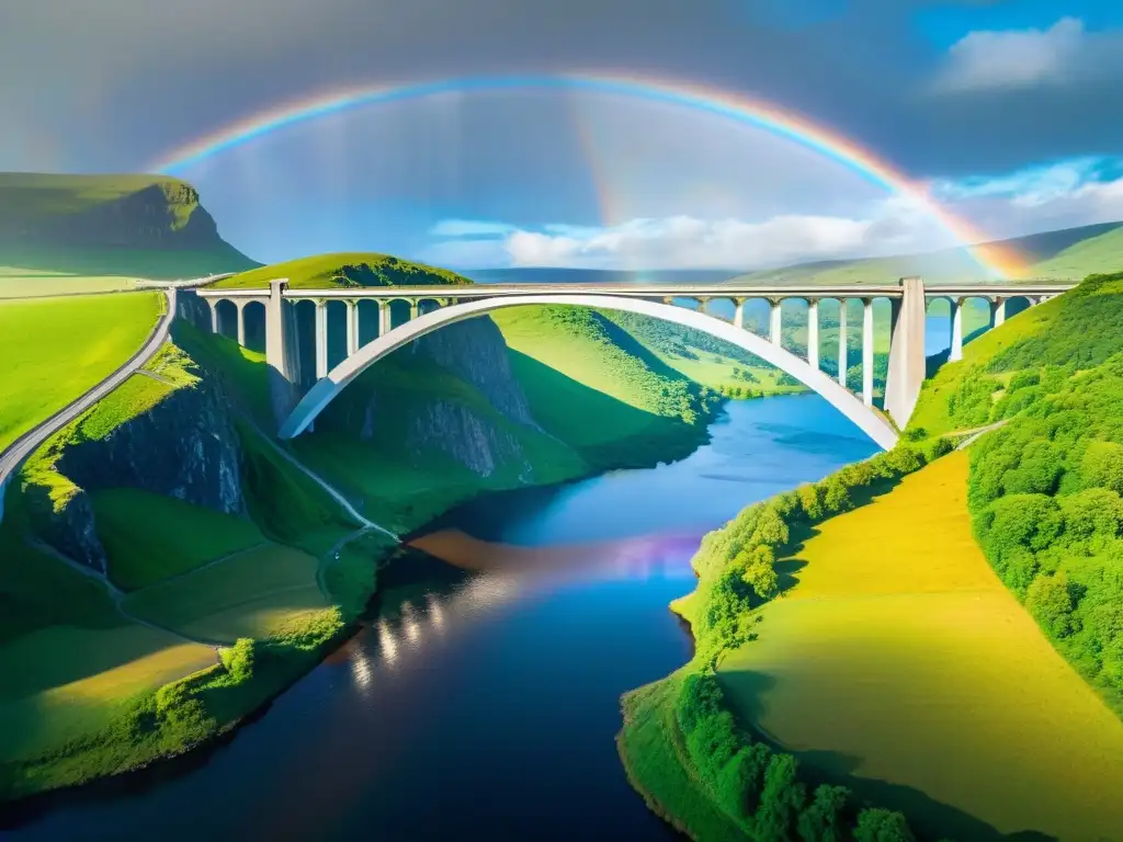 Un paisaje deslumbrante con la leyenda nórdica Bifröst, un puente iridiscente que une los reinos de dioses y mortales
