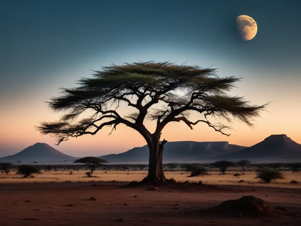 Un paisaje desolado y misterioso en África Oriental, con un árbol retorcido bajo la luz de la luna