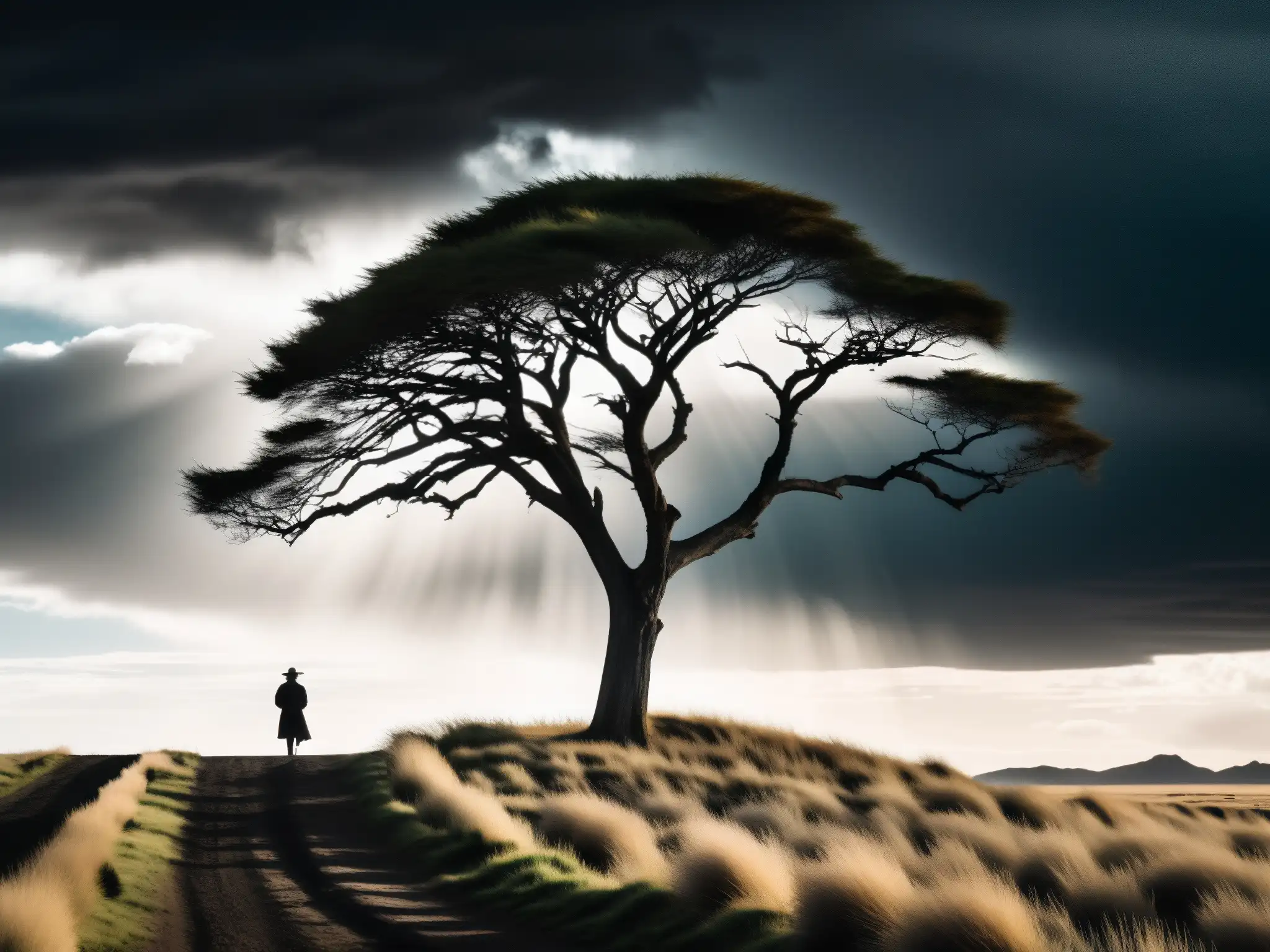 Un paisaje desolado de las Pampas Argentinas, con un árbol solitario y el maldito viento negro