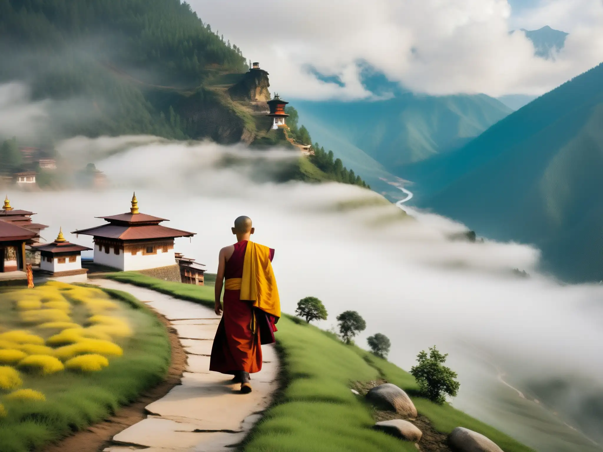 Un paisaje etéreo en Bhután, con un monje solitario en su camino