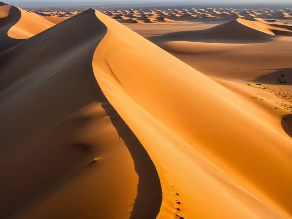 Un paisaje hipnótico y misterioso del Sahara Occidental, con dunas imponentes y un cielo cálido