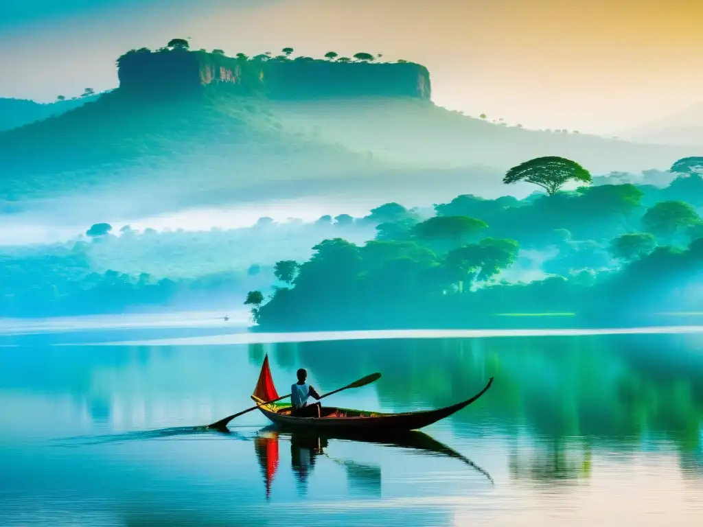 Un paisaje impresionante del lago Tana en Etiopía, con aguas serenas reflejando la exuberante vegetación
