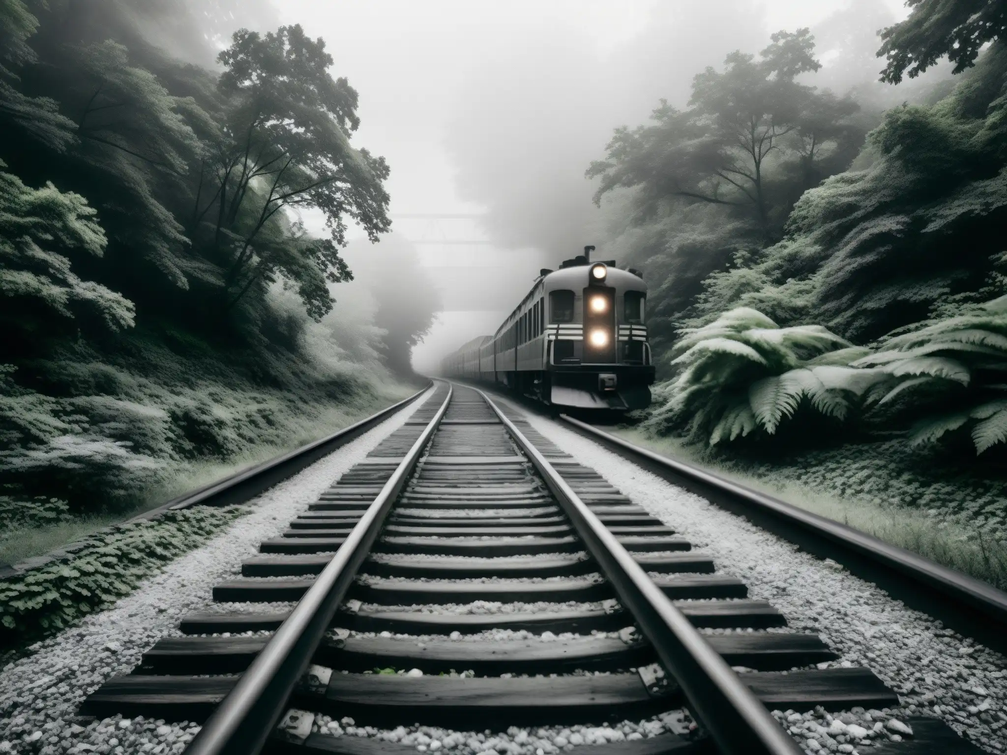 Un paisaje inquietante de vías de tren abandonadas entre un denso bosque, evocando la historia del tren fantasma St