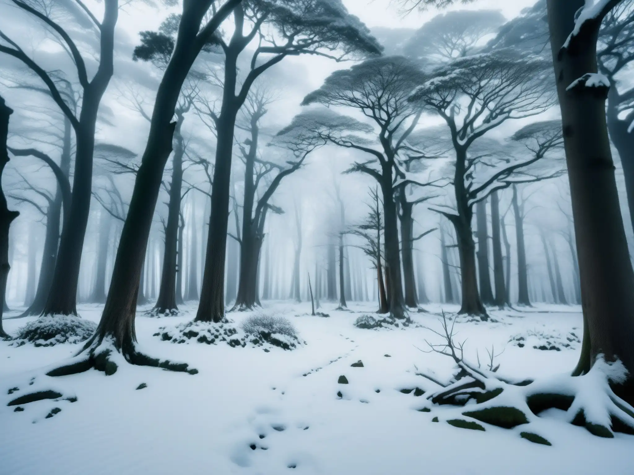 Un paisaje invernal cubierto de nieve, con árboles antiguos brillando en la suave luz