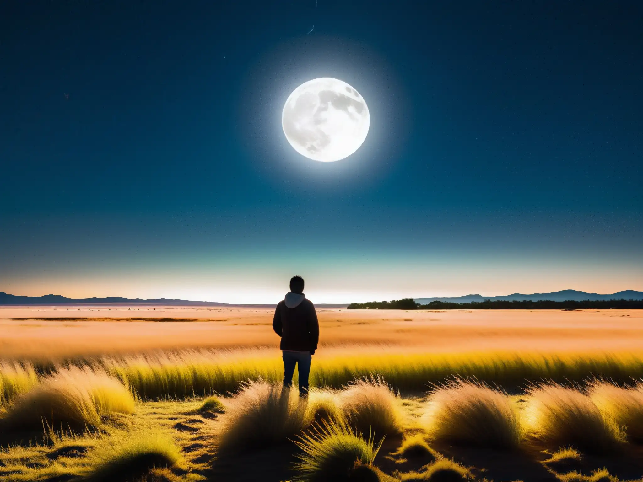 Un paisaje lunar en las vastas pampas argentinas con la transformación misteriosa del Lobizón bajo la luz de la luna llena