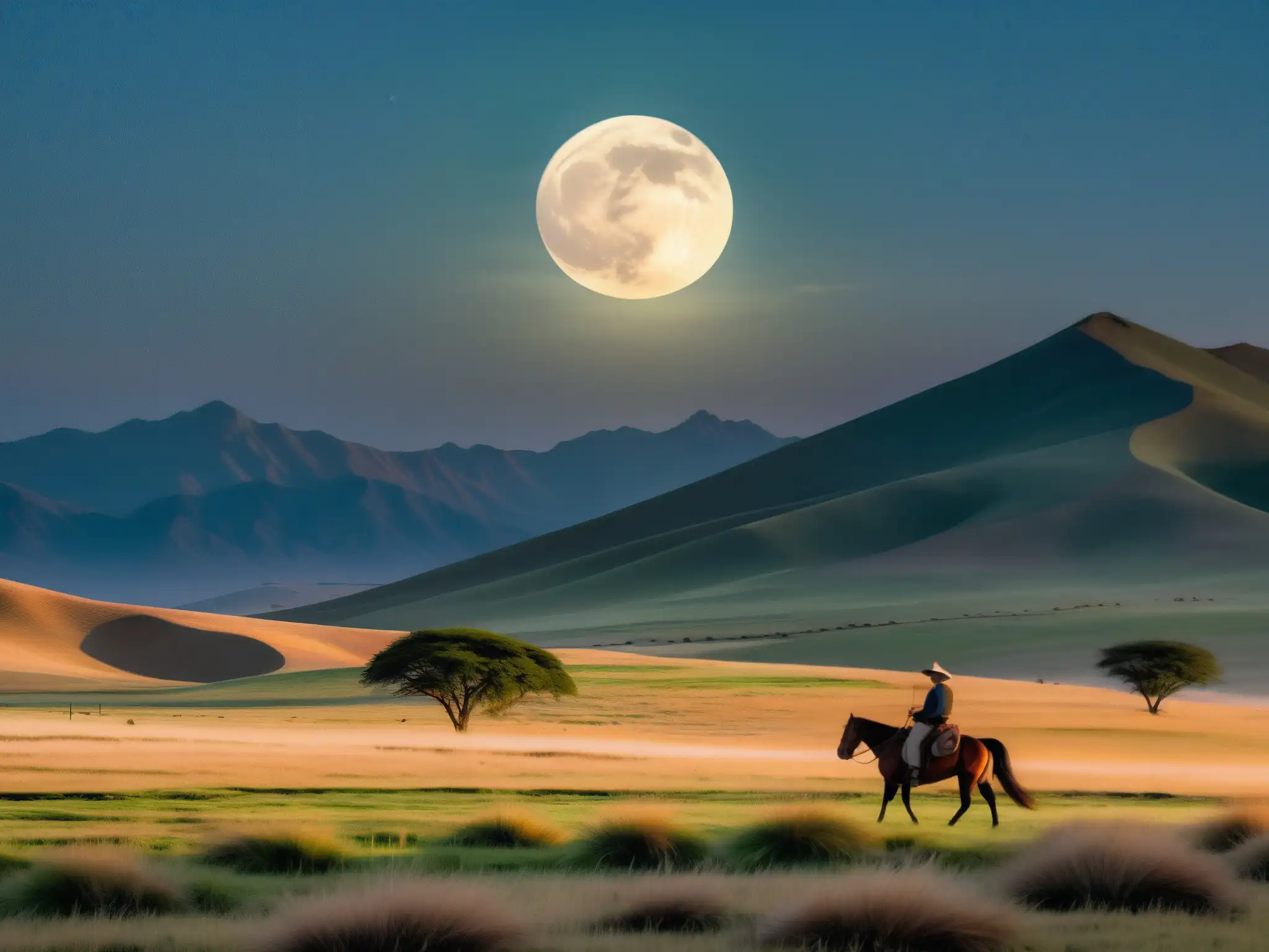 Un paisaje mágico de la pampa argentina con la luna llena transformando la escena