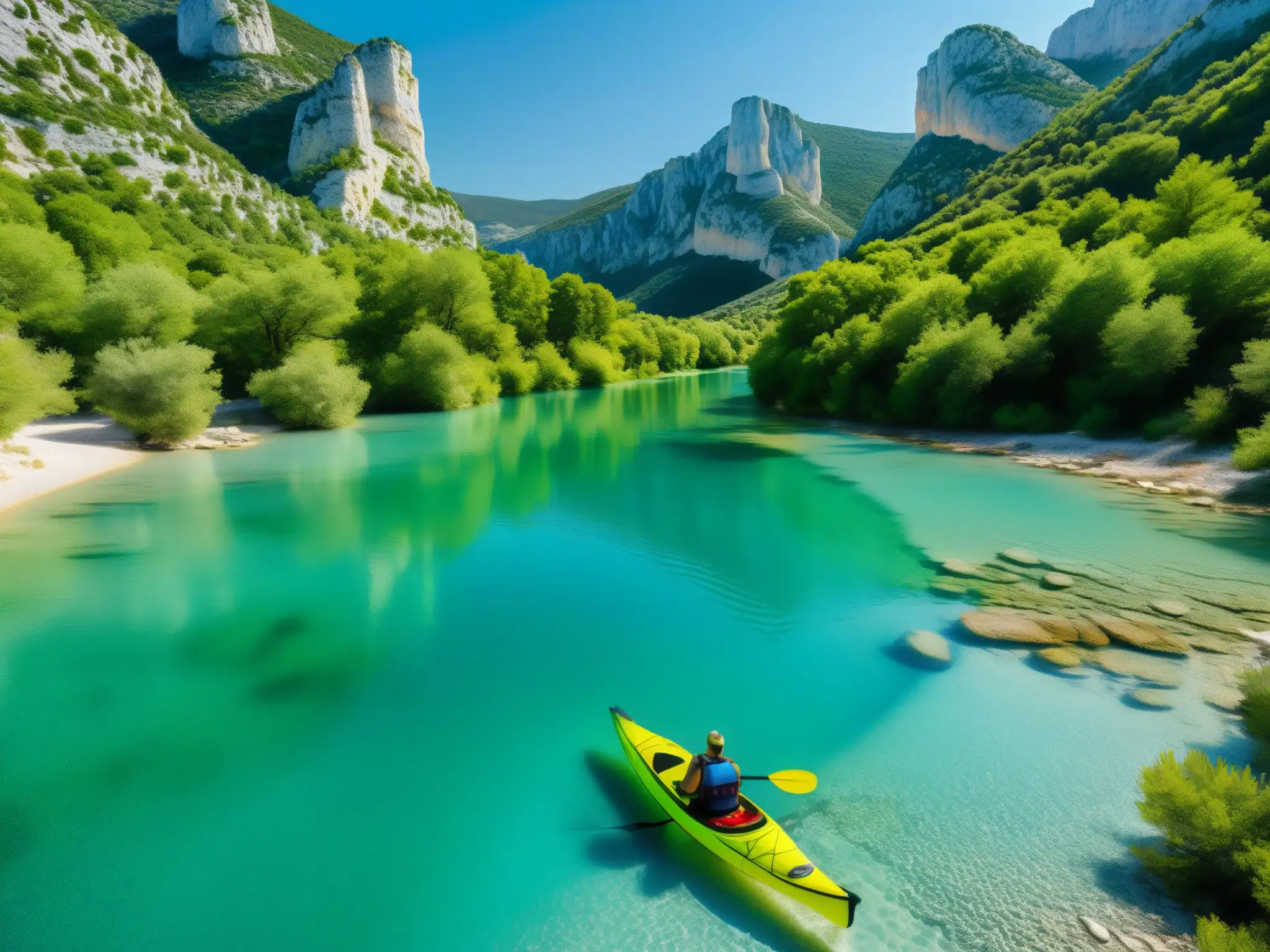 Un paisaje mágico del río Verdon en Provence, con deidades fluviales del folklore mediterráneo y un kayak solitario