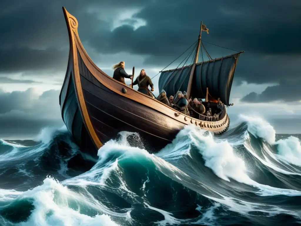 Un paisaje marino nórdico con aguas turbulentas, un cielo amenazador y el Kraken emergiendo, ilustra el origen mitológico del Kraken