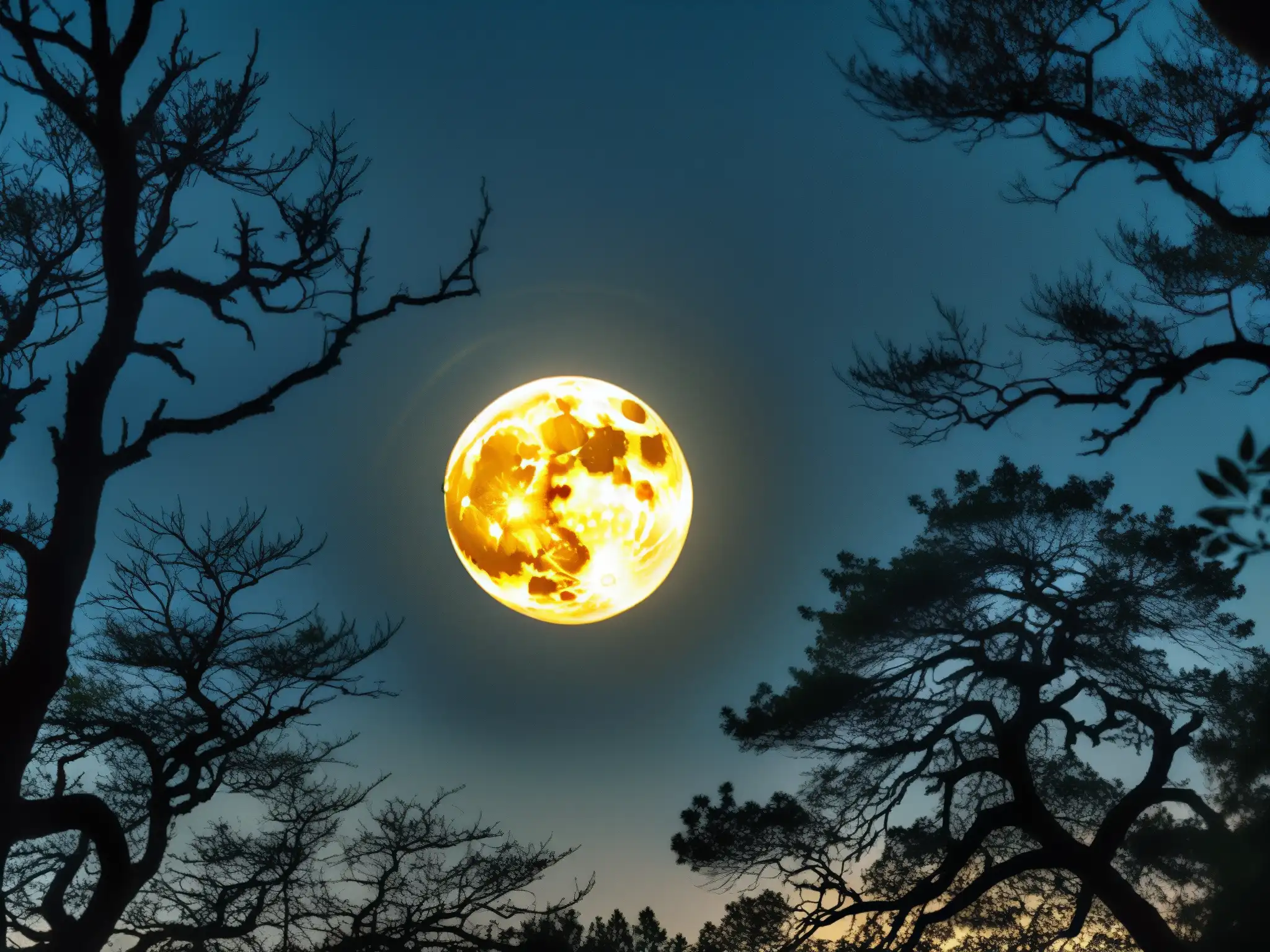 Un paisaje misterioso de un bosque brumoso iluminado por la luna llena, con la silueta de una figura en la distancia y los ojos brillantes