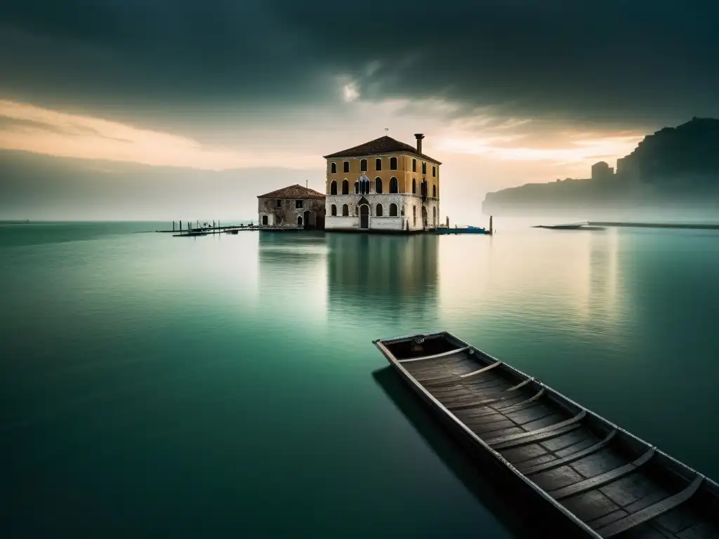 Un paisaje misterioso en la laguna veneciana de Italia, con una isla cubierta de niebla y un edificio en ruinas