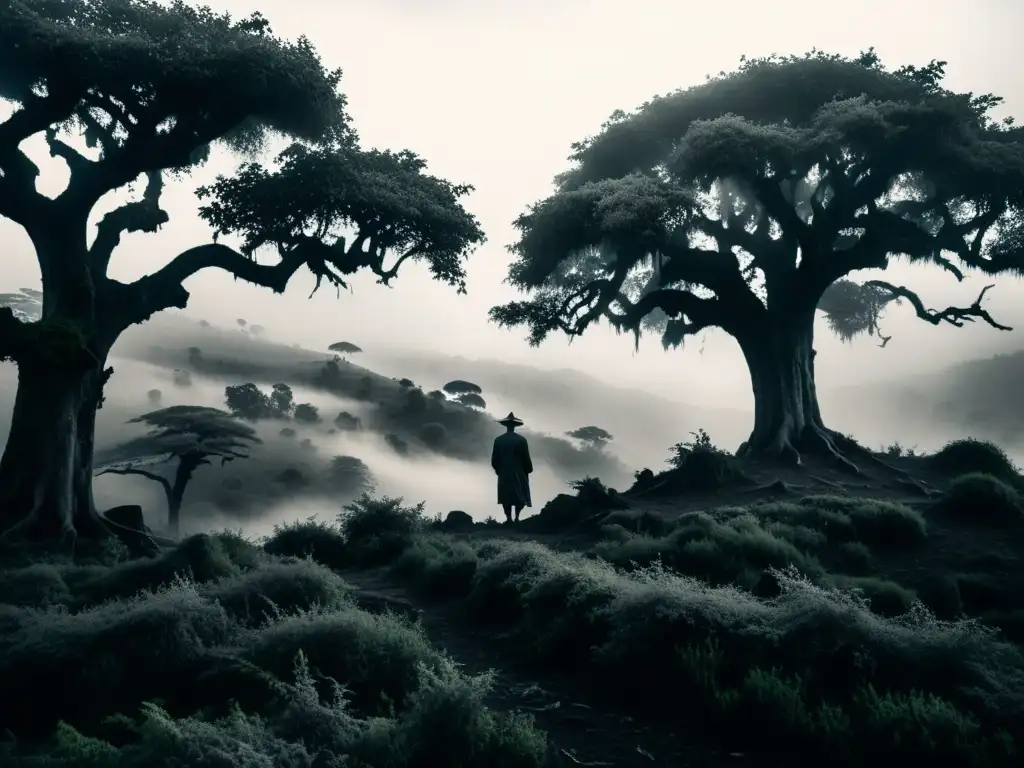 Un paisaje misterioso y sobrenatural de Ruanda, con niebla y árboles retorcidos, evocando la presencia de espíritus y fantasmas en Ruanda