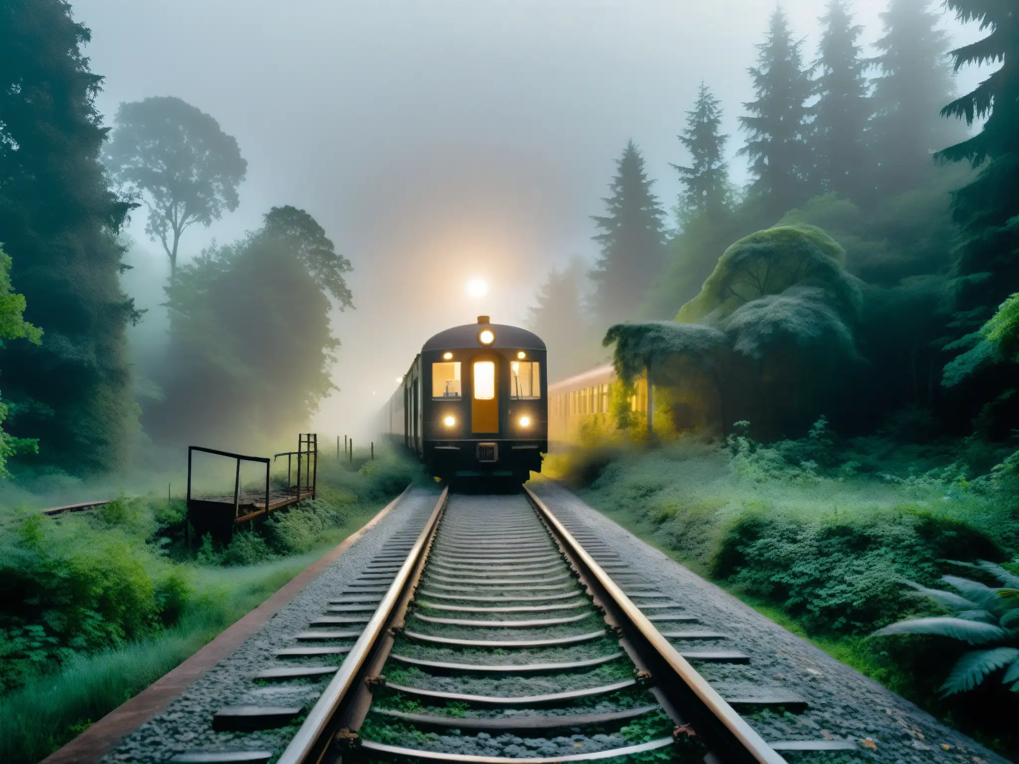 Un paisaje misterioso de vías de tren en la niebla, con una estación abandonada y un tren fantasmal