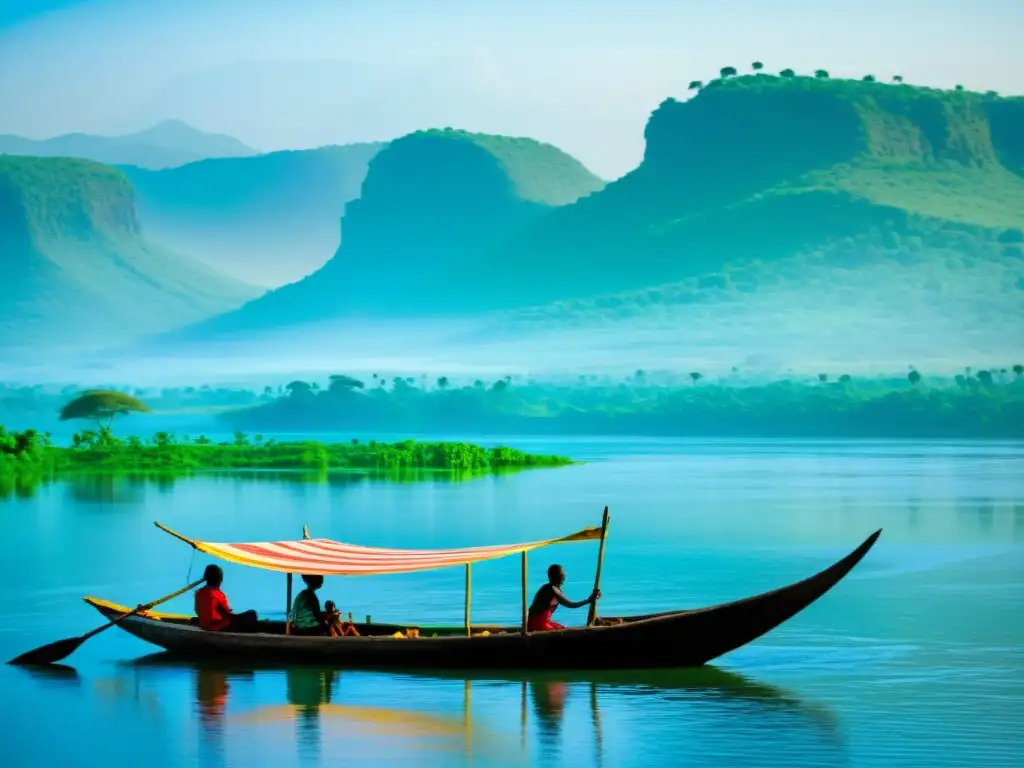 Un paisaje místico del lago Tana en Etiopía, con aguas serenas, montañas cubiertas de niebla y una barca tradicional etíope