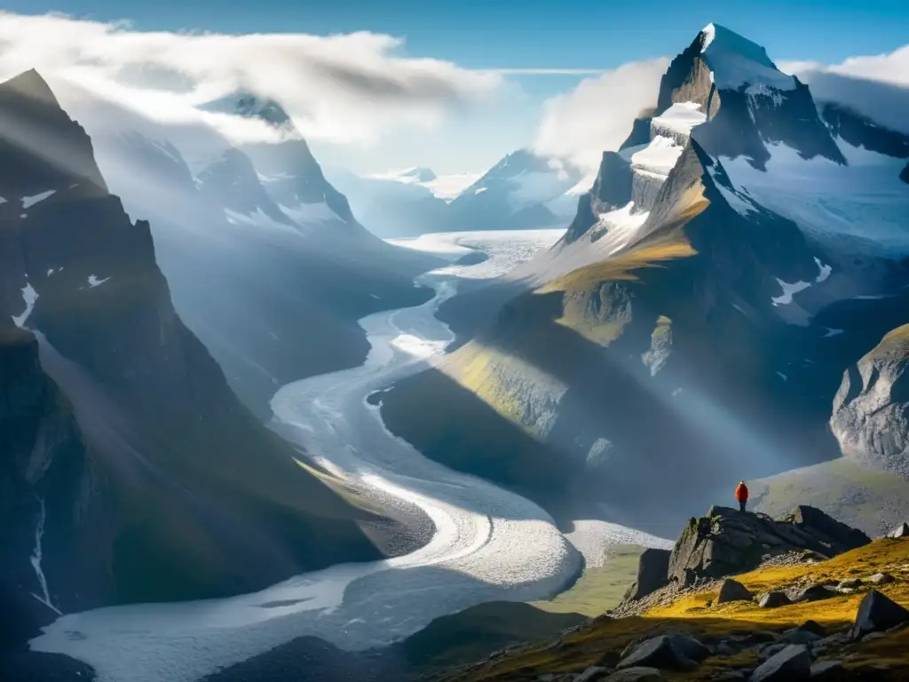 Un paisaje místico de la majestuosa cordillera Jotunheim, bañada en niebla y rodeada de glaciares, evocando la verdad sobre gigantes de hielo