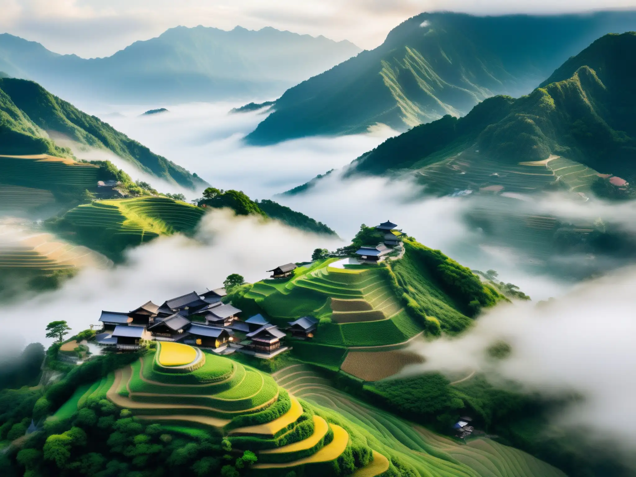 Un paisaje montañoso cubierto de neblina, con un pueblo japonés aislado entre las cimas
