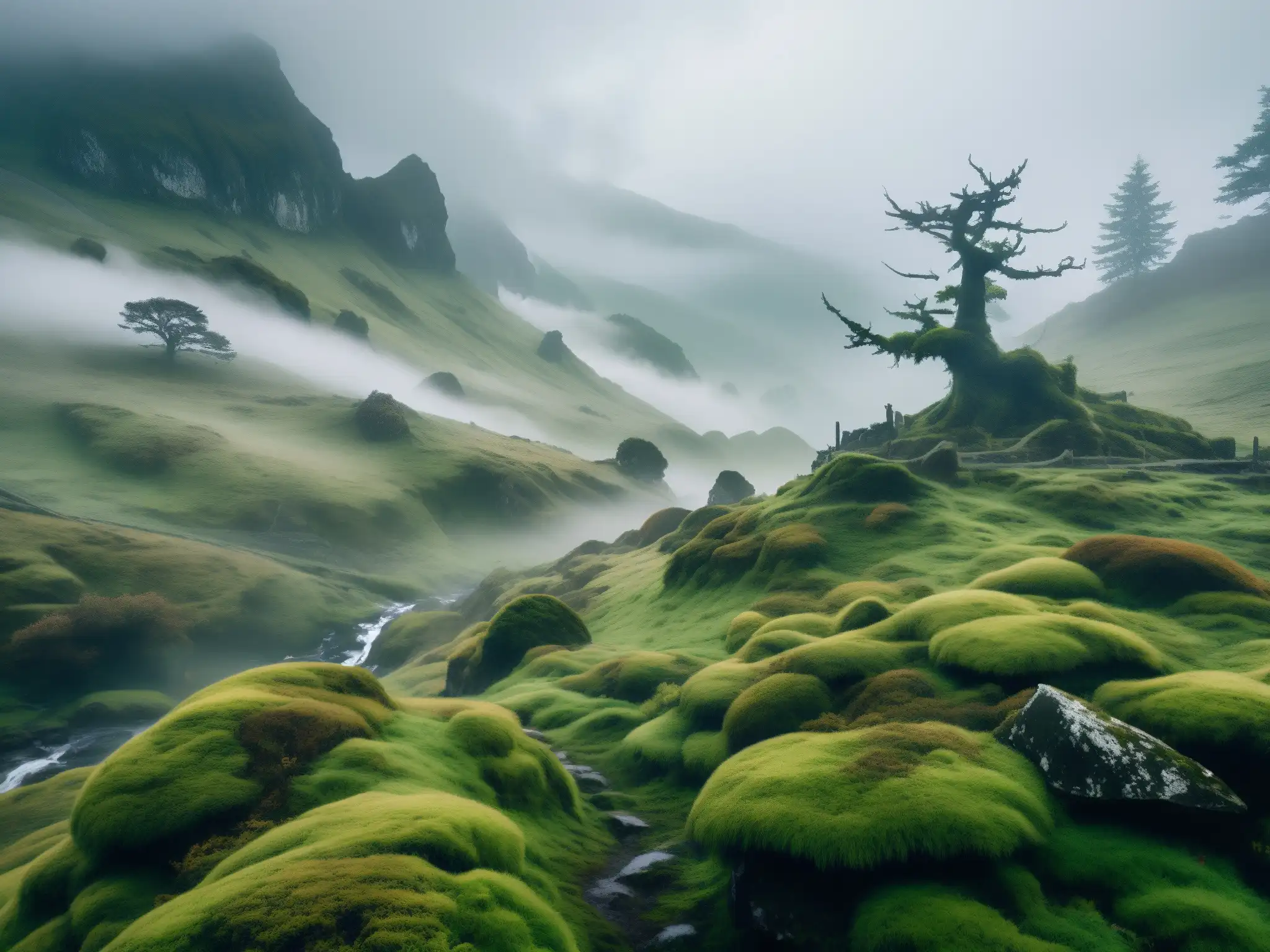 Un paisaje montañoso envuelto en niebla, con árboles retorcidos y un aura de misterio