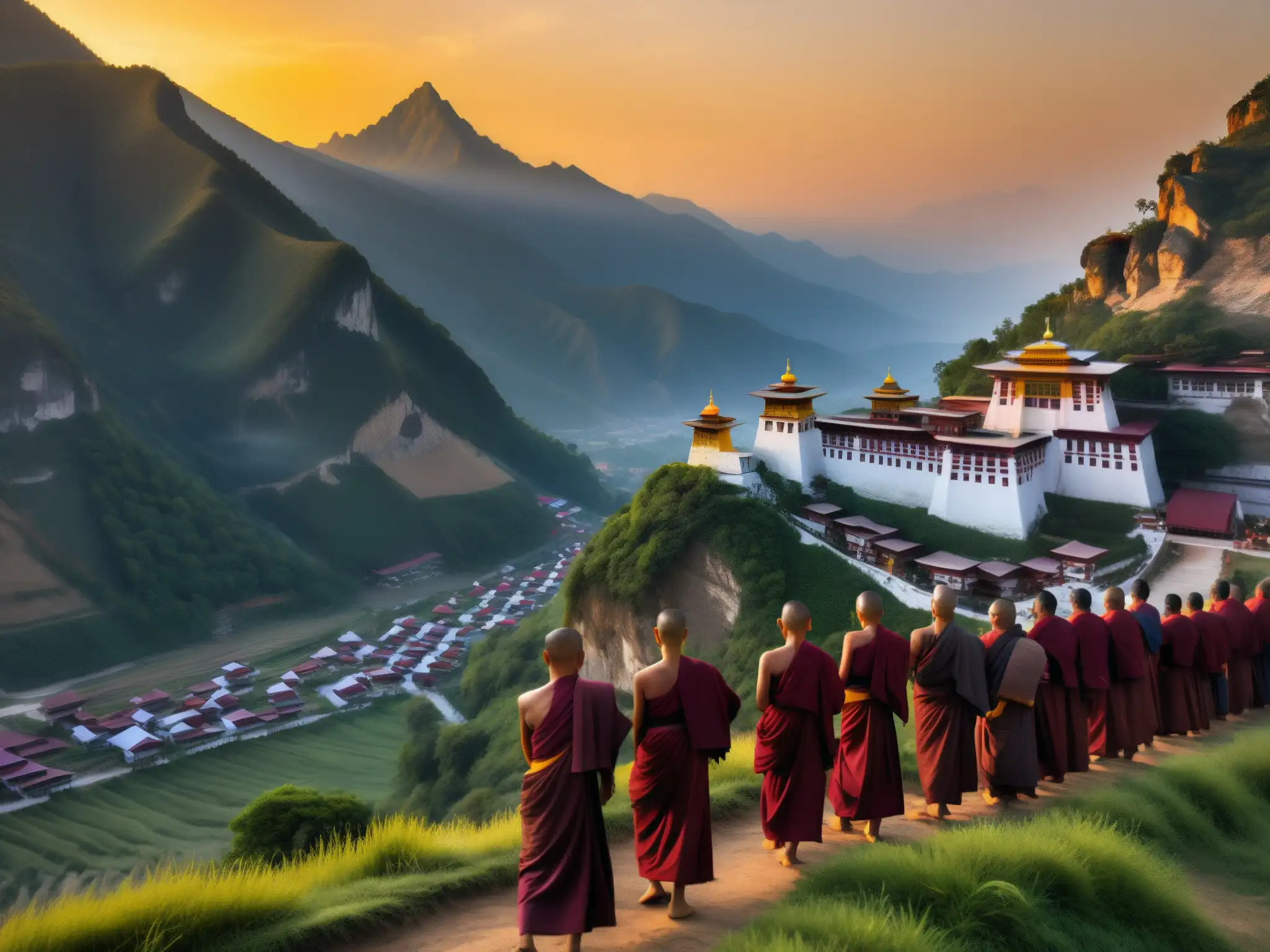 Un paisaje montañoso sereno y místico al amanecer, con un monasterio budista en un acantilado alto, rodeado de banderas de oración