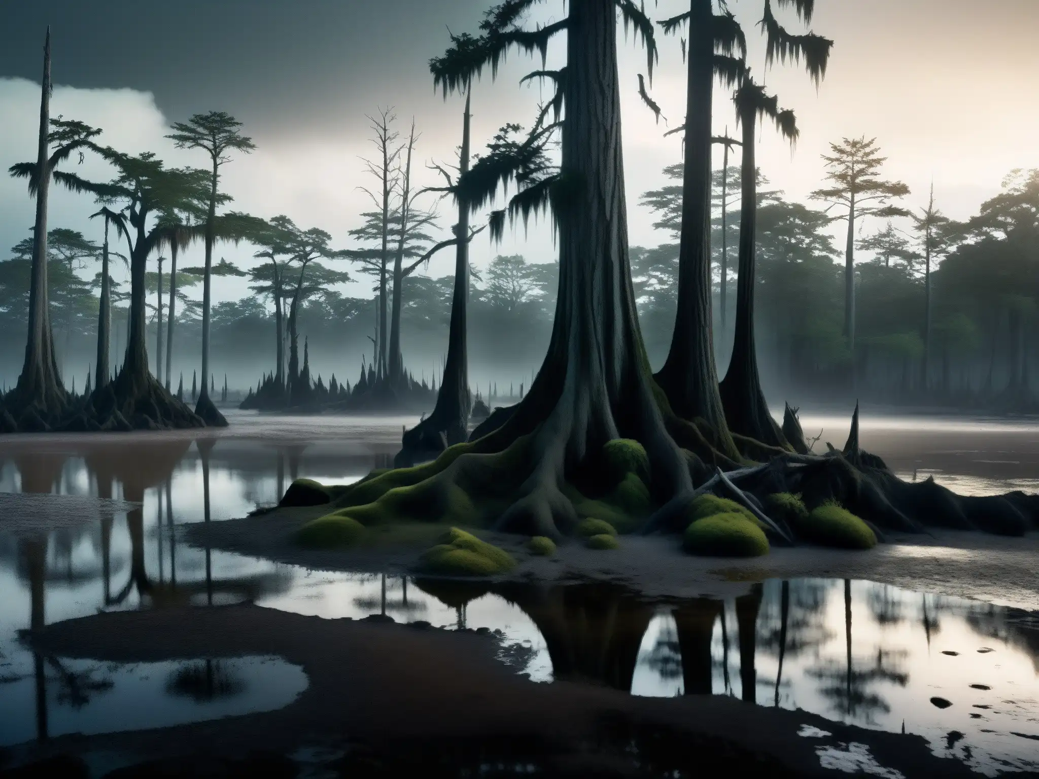 Un paisaje nebuloso y misterioso de pantano, con huella gigante en el fango