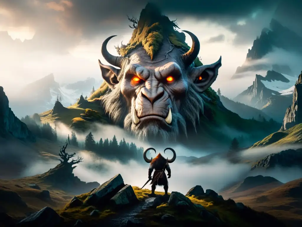Un paisaje nórdico misterioso con un imponente troll de ojos brillantes y cuernos retorcidos