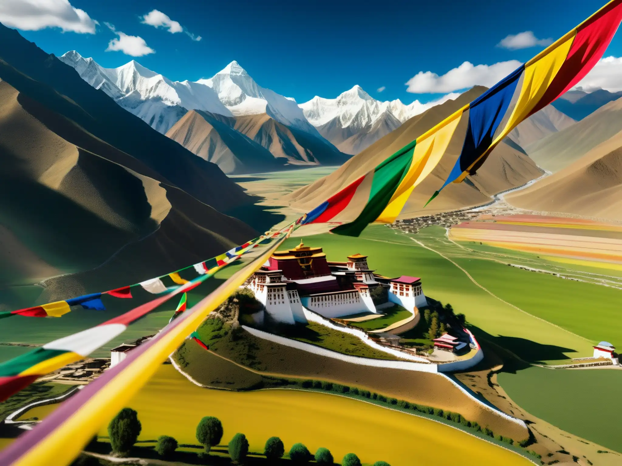 Un paisaje tibetano impresionante con montañas nevadas, valles verdes y banderas de oración coloridas ondeando
