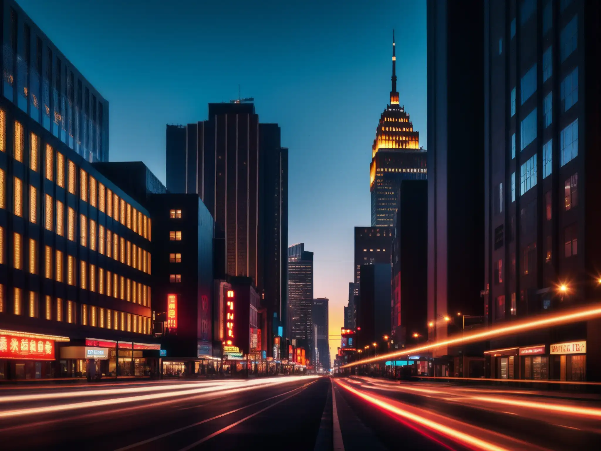 Un paisaje urbano nocturno con edificios altos y luces de neón, evocando el fenómeno leyendas urbanas digitales
