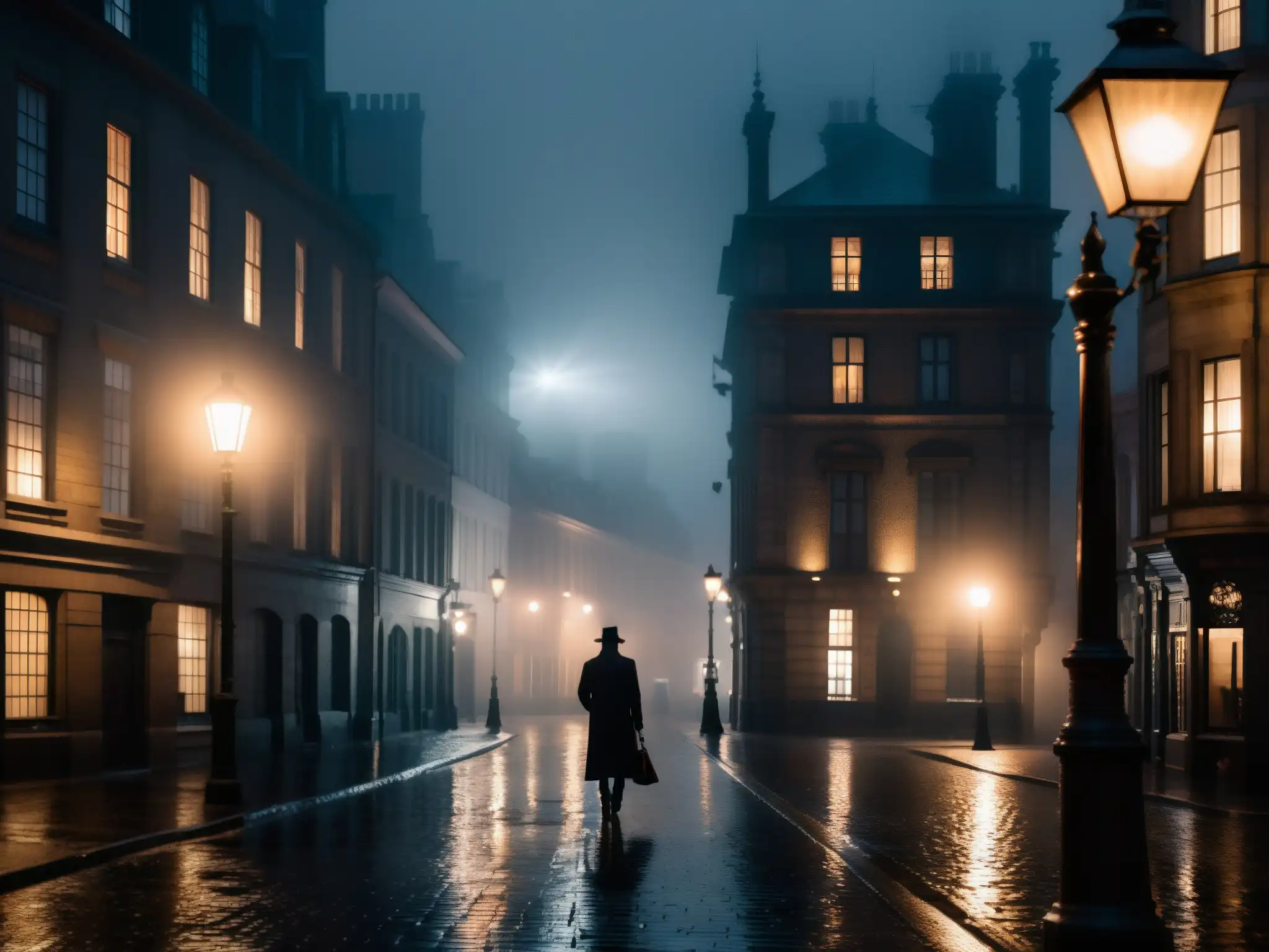 Un paisaje urbano oscuro y misterioso, con una figura sombría y niebla alrededor de una farola
