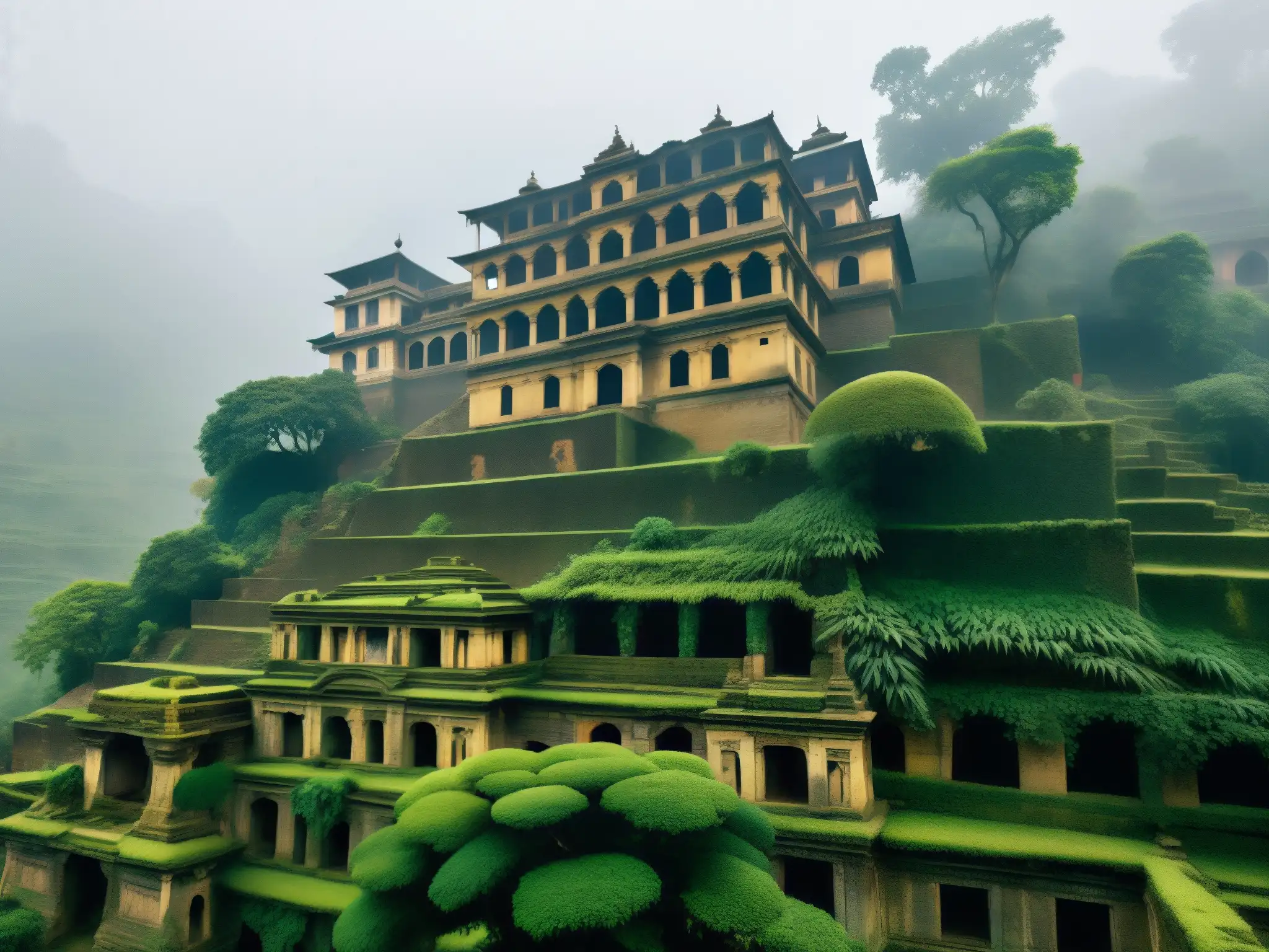 Palacio abandonado en las neblinosas colinas de Nepal, rodeado de misterio y fenómenos paranormales