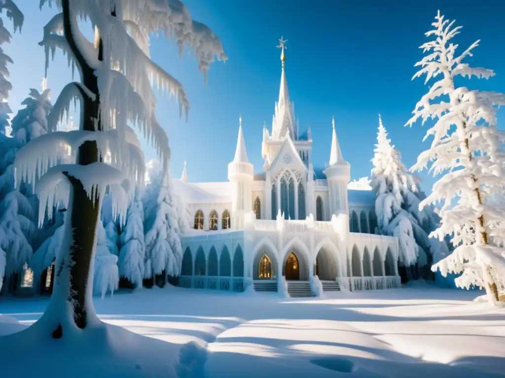 Un palacio de hielo en un bosque nevado, con una atmósfera misteriosa y encantadora, evocando el dominio de La Reina de las Nieves mitos urbanos
