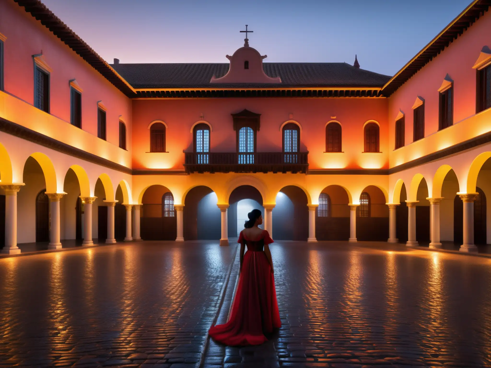 Palacio San Francisco de noche, con una misteriosa niebla y la presencia de la Dama de rojo, creando un aura sobrenatural