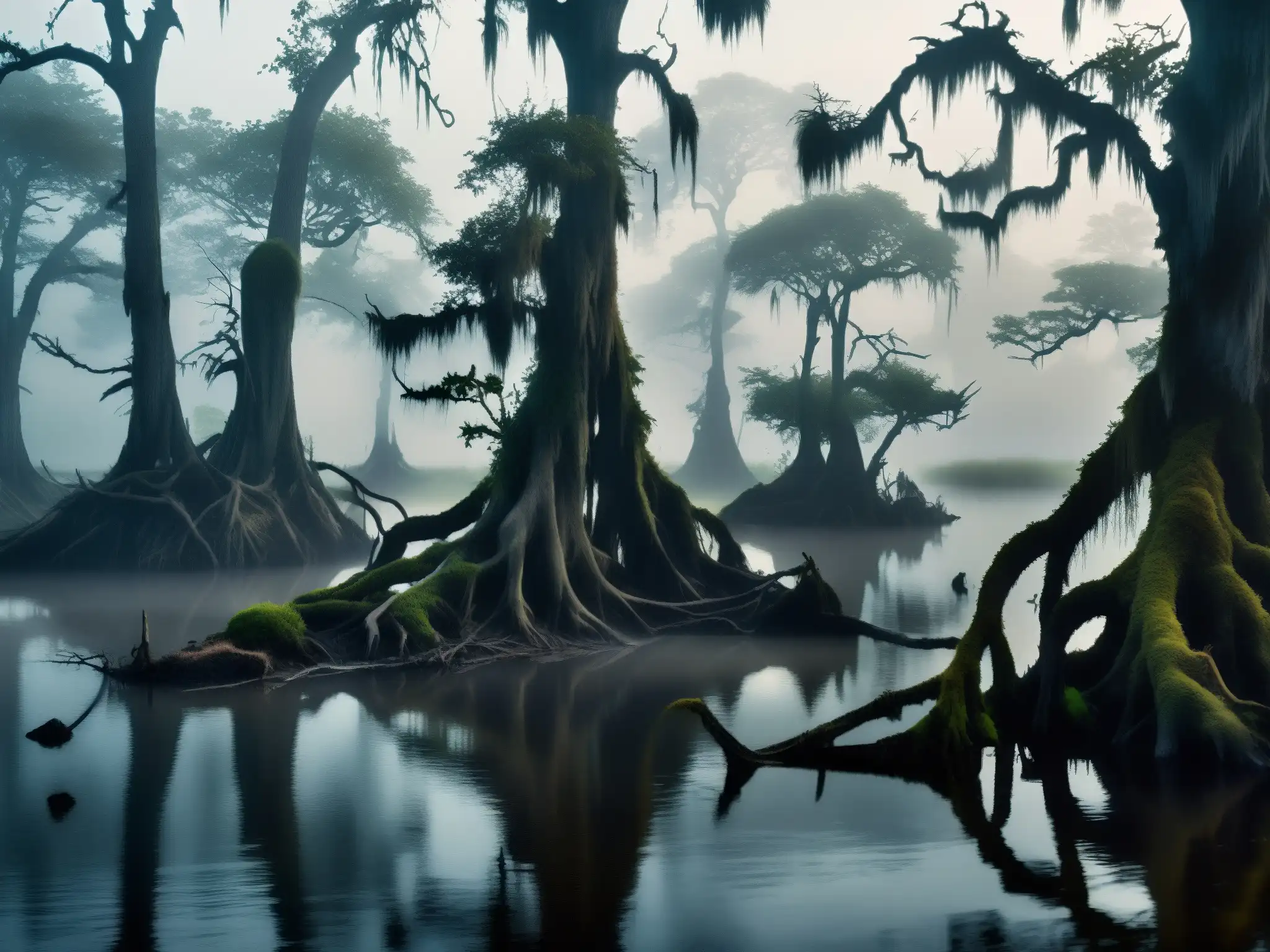 Un pantano misterioso y sombrío con árboles retorcidos emergiendo del agua, envuelto en neblina