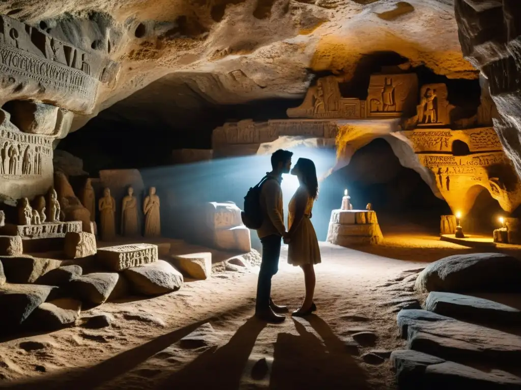 Una pareja moderna en una cueva antigua, con desesperación y esperanza en sus ojos, representando el amor eterno en mitología tracia