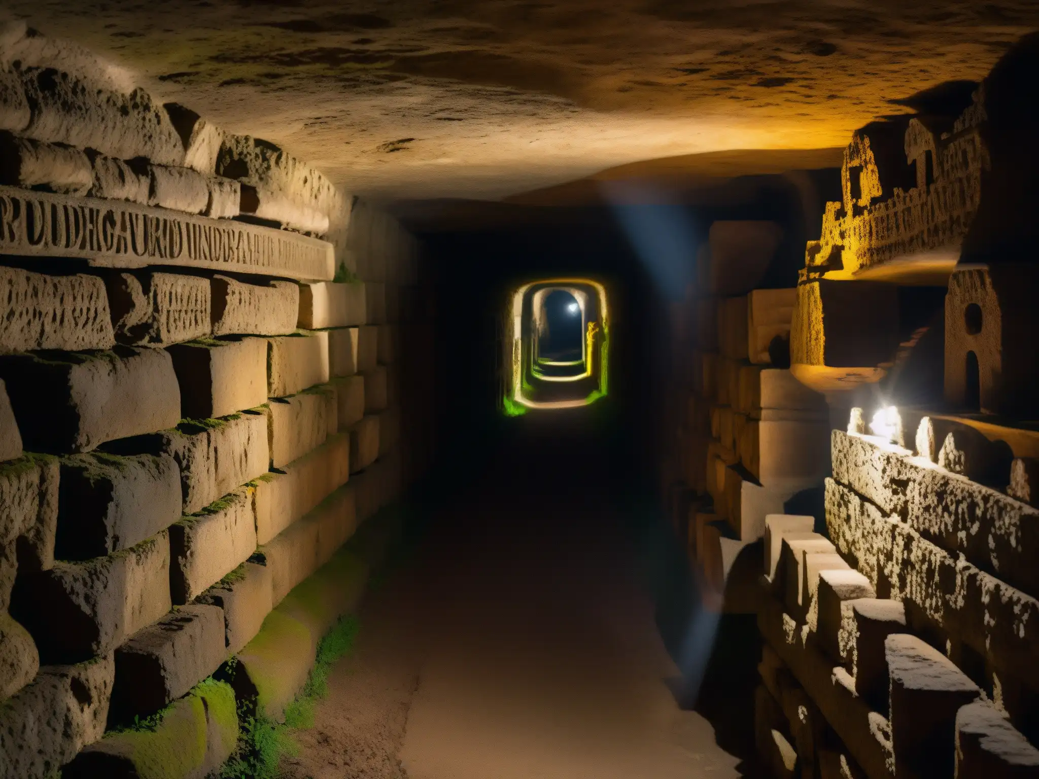 Un pasaje subterráneo en las catacumbas romanas, con muros de piedra cubiertos de grabados, sombras y luz de antorchas