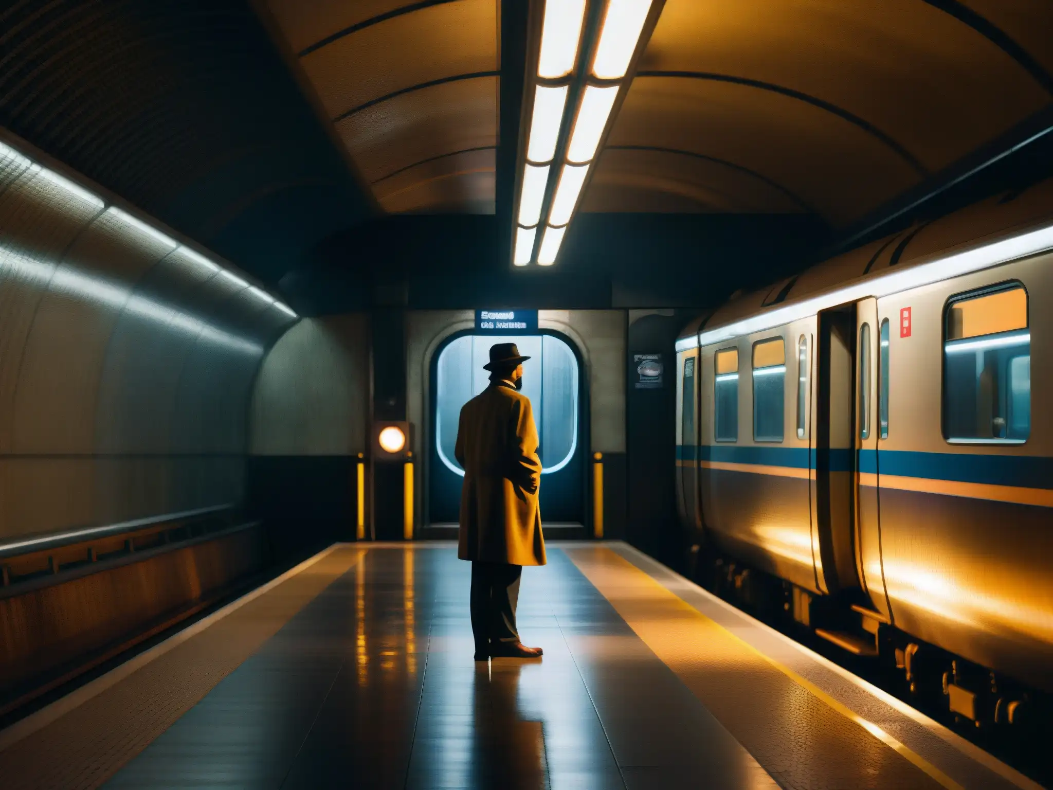 Una pasajera fantasma espera en el misterioso andén del metro de panteones, bajo una luz sobrenatural del tren vintage