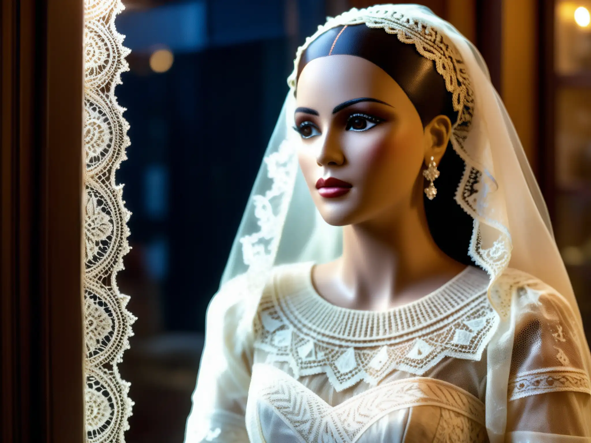 La Pascualita, el maniquí momificado, luce su vestido de novia en la tenue luz de la tienda, cautivando con su misteriosa belleza